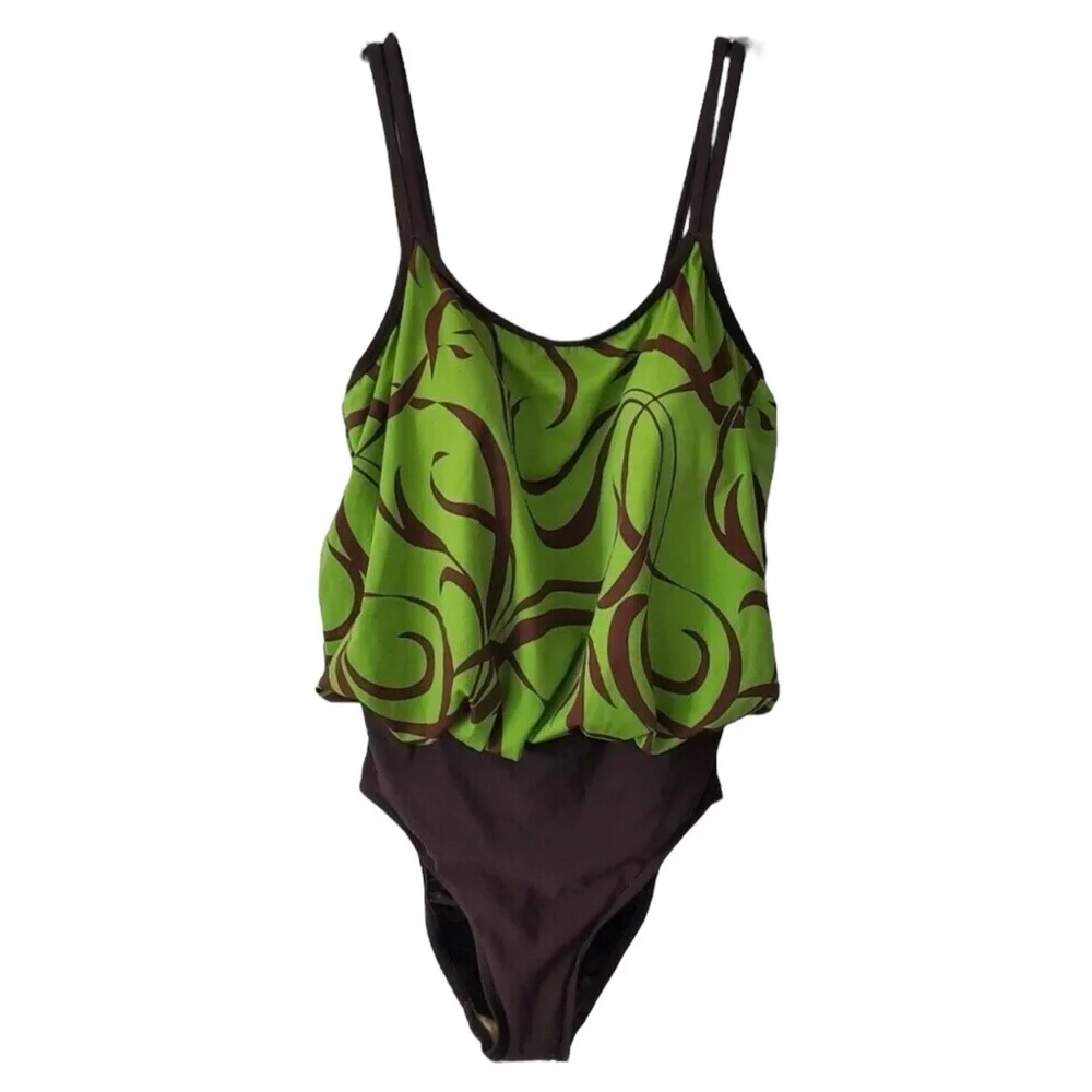 MAINSTREAM Full Coverage Blouson One Piece Swimsuit in Avocado Green/Brown